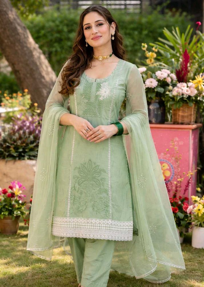 Elegant Light Green Cotton Embroidered Suit Set