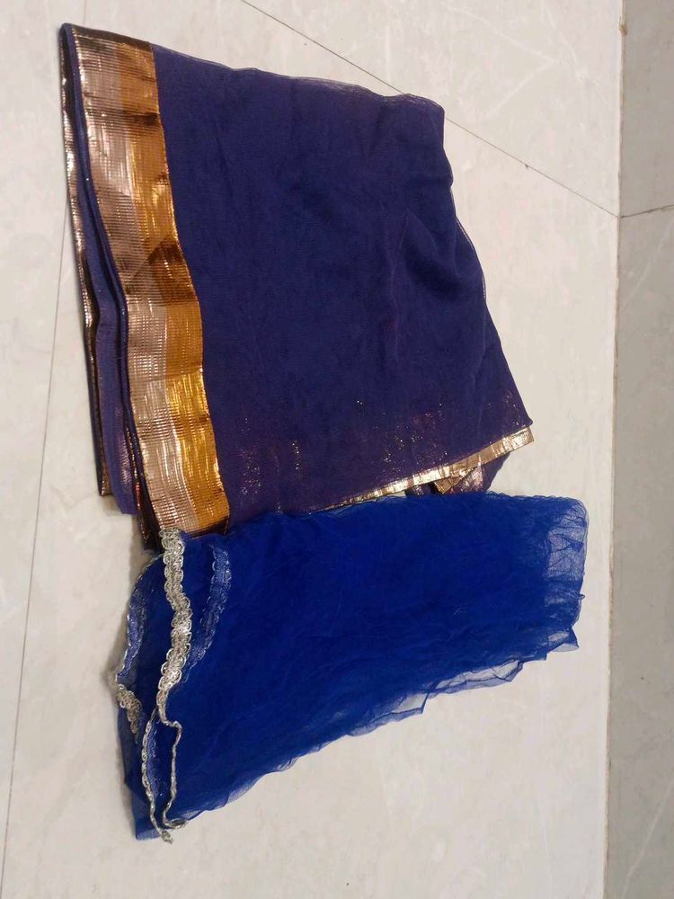 Royal Blue Dupatta with Gold Border