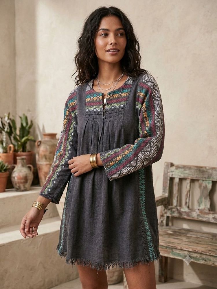 Embroidered Grey Tunic Dress