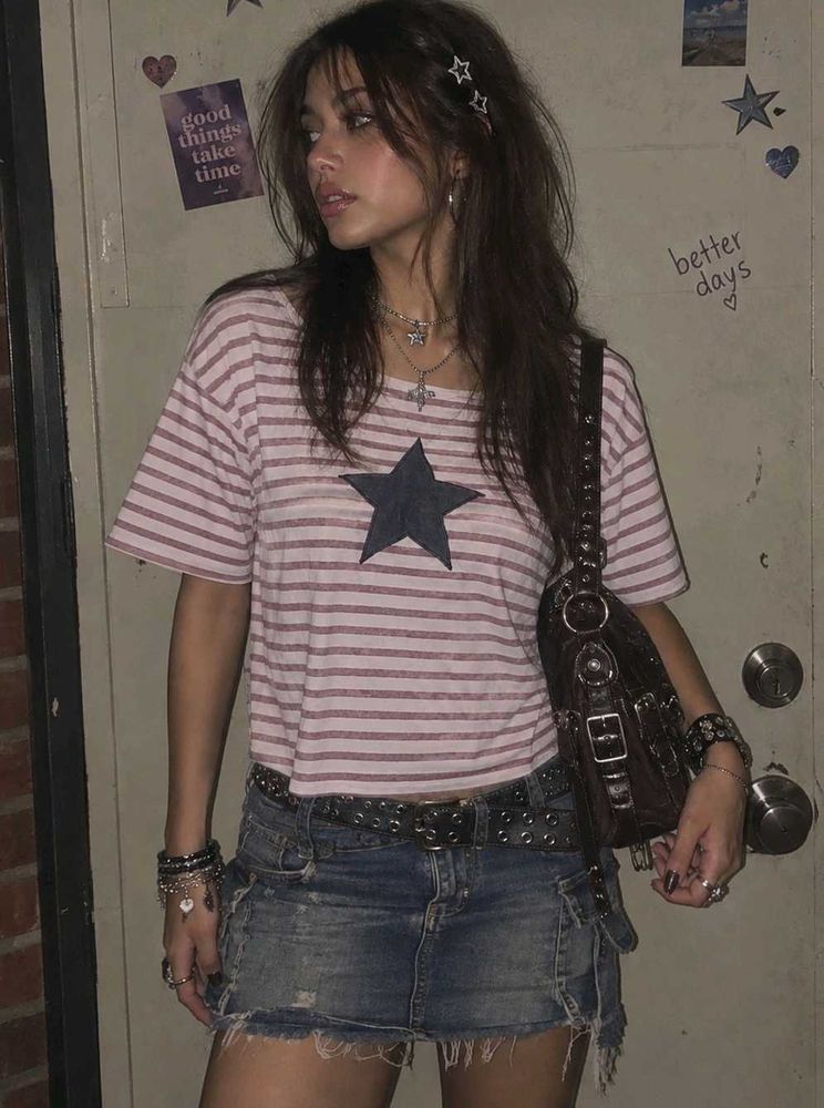 Y2k Striped Star Tee