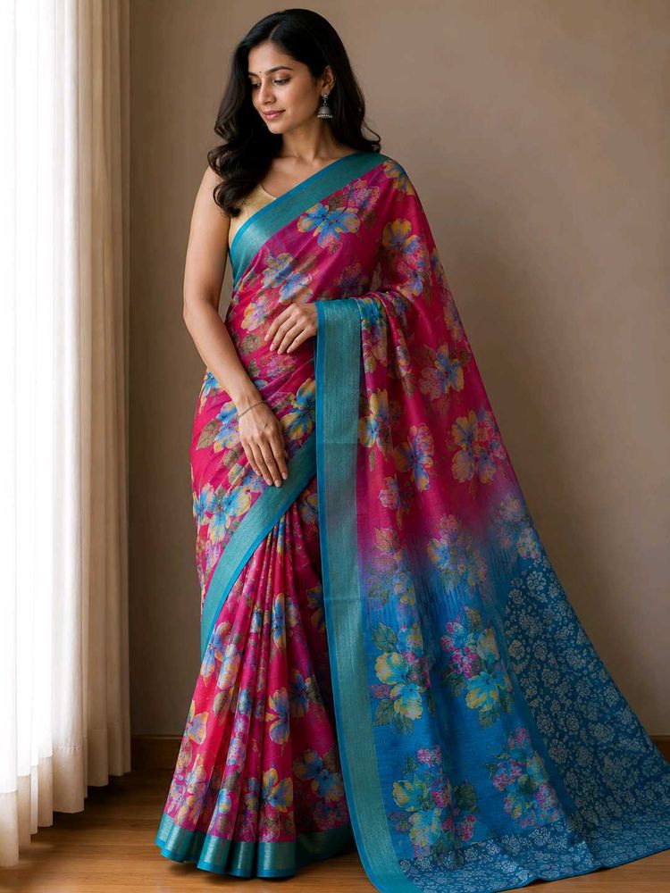 Beautiful Floral Print Tissue Saree