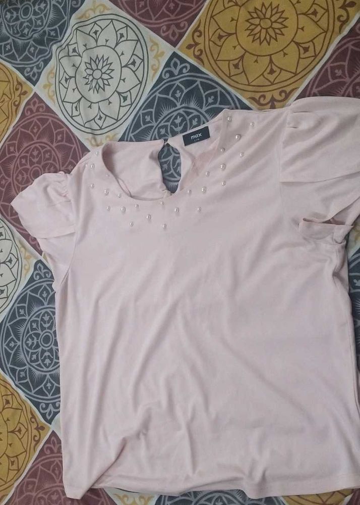 Pink Puff Sleeve Top with Pearls