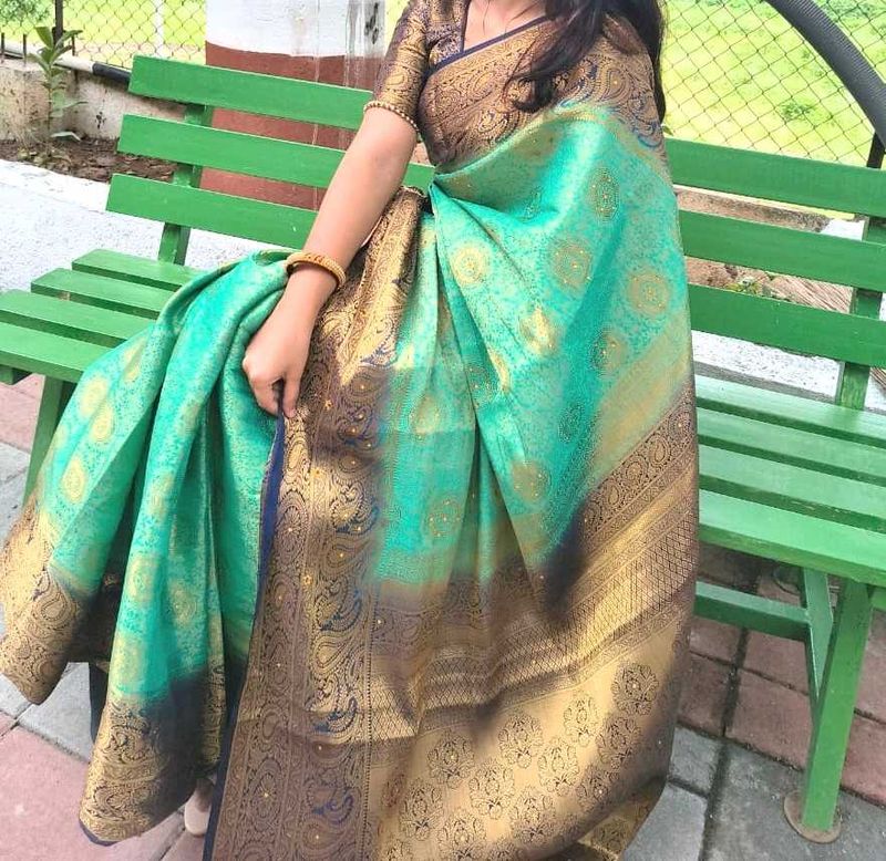 Elegant Teal &amp; Gold Silk Saree