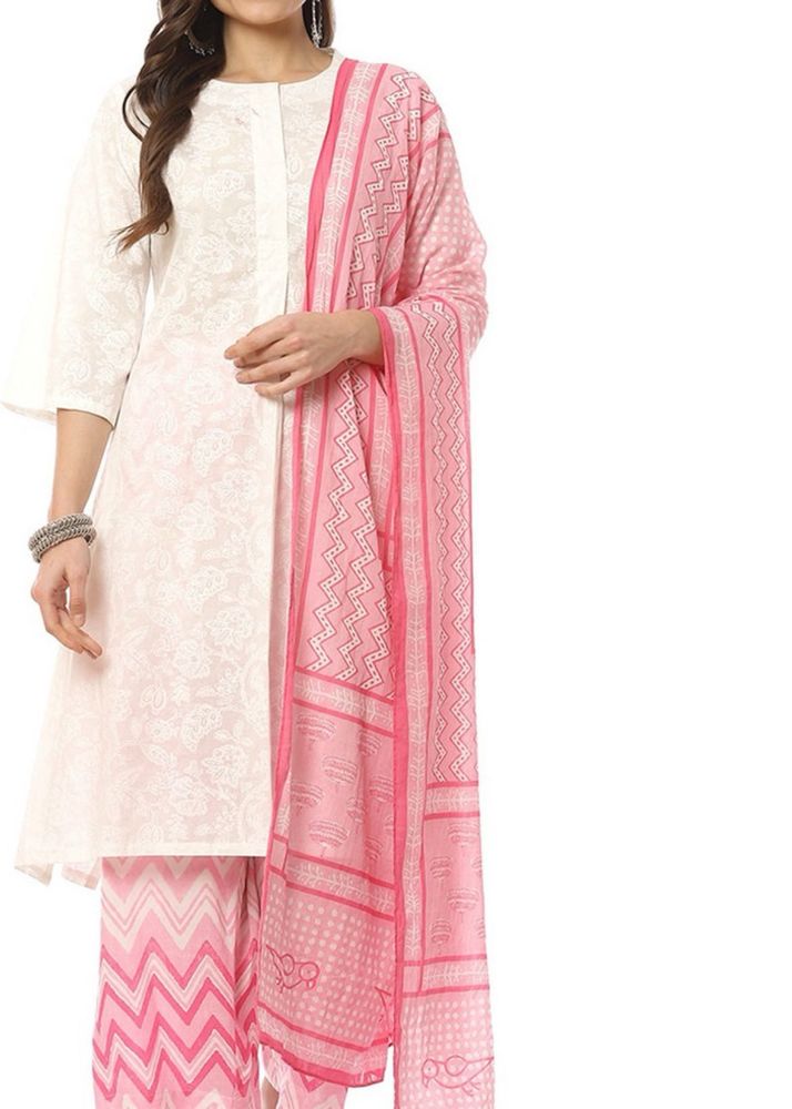 BIBA PURE COTTON White &amp; Pink Kurta Set