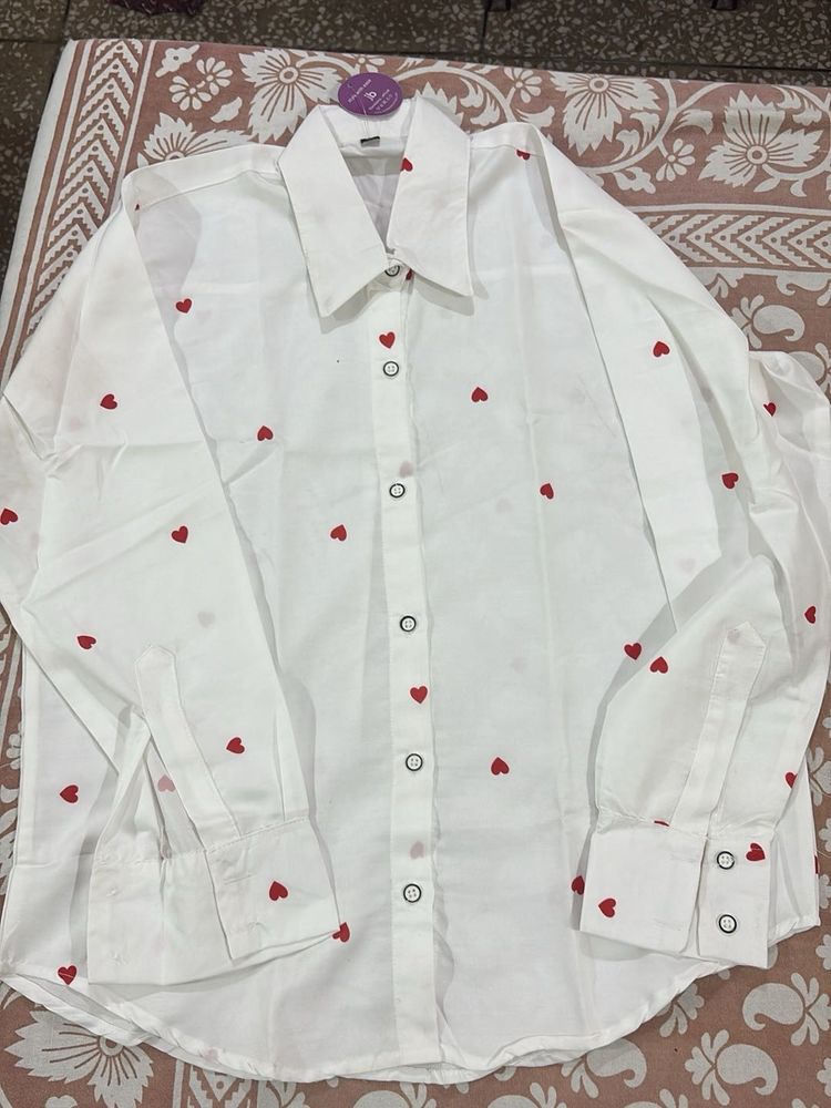 NEW White Heart Print Button-Up Shirt