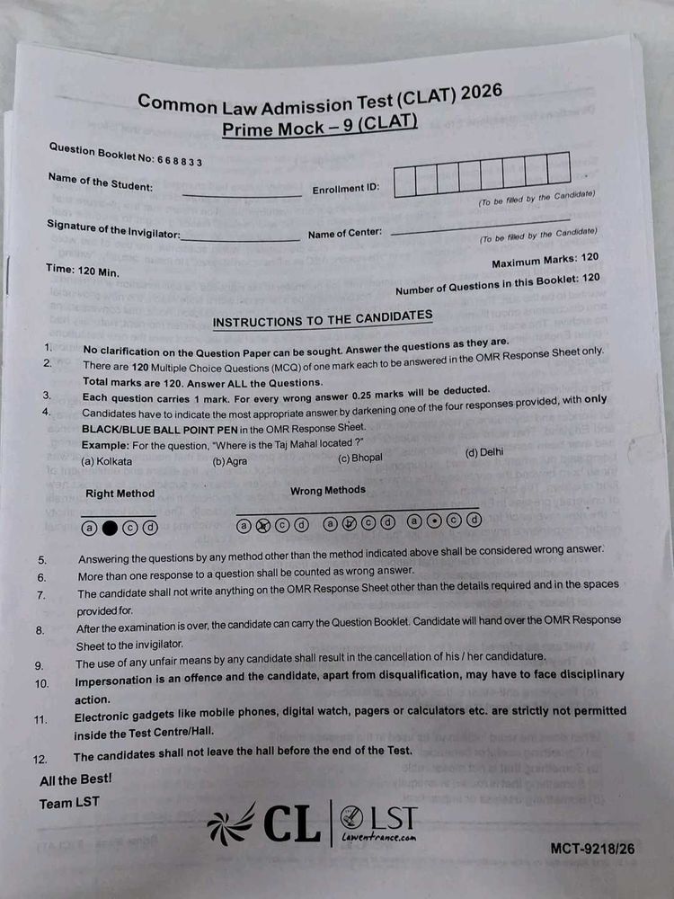 CLAT 2026 Mocks- Question Booklets with answers