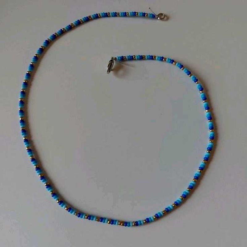 Blue Beaded Necklace with Gold Accents