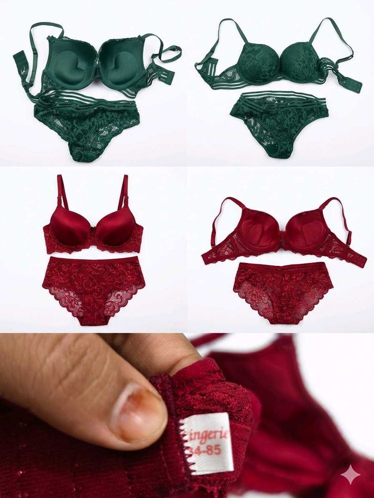 Lace Bra &amp; Panty Set - Red &amp; Green