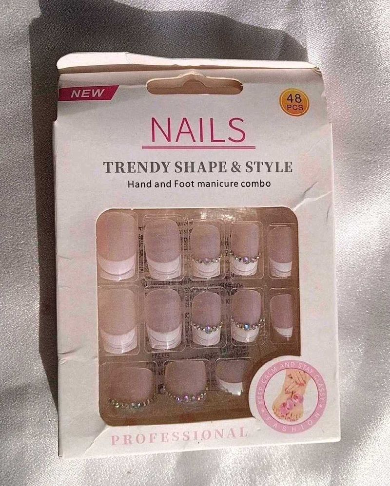 French Nails Tips For Foot&amp;Hand (8 Nail Rhinestone