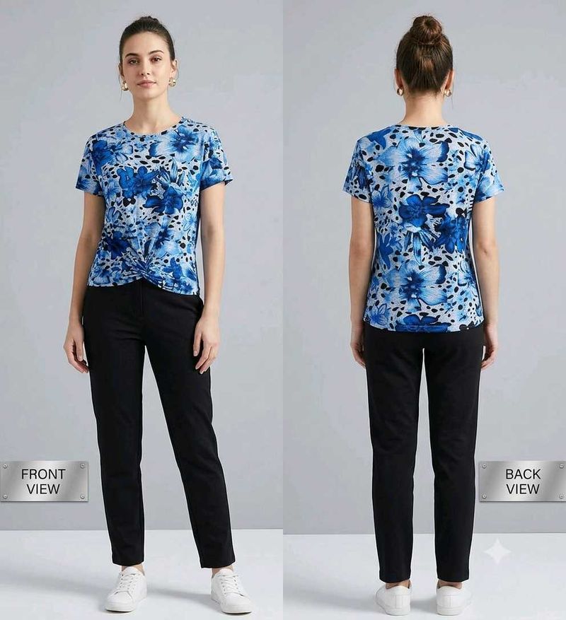 Stylish Blue Floral Twist Front Top