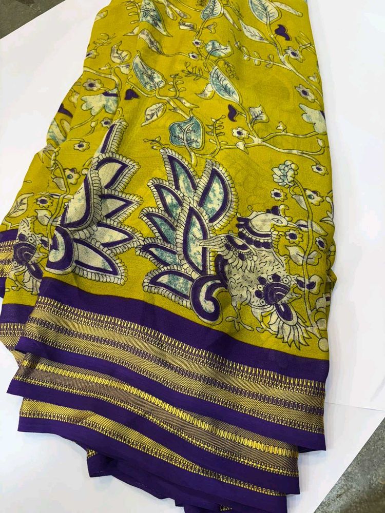 Vibrant Yellow &amp; Purple Printed Saree