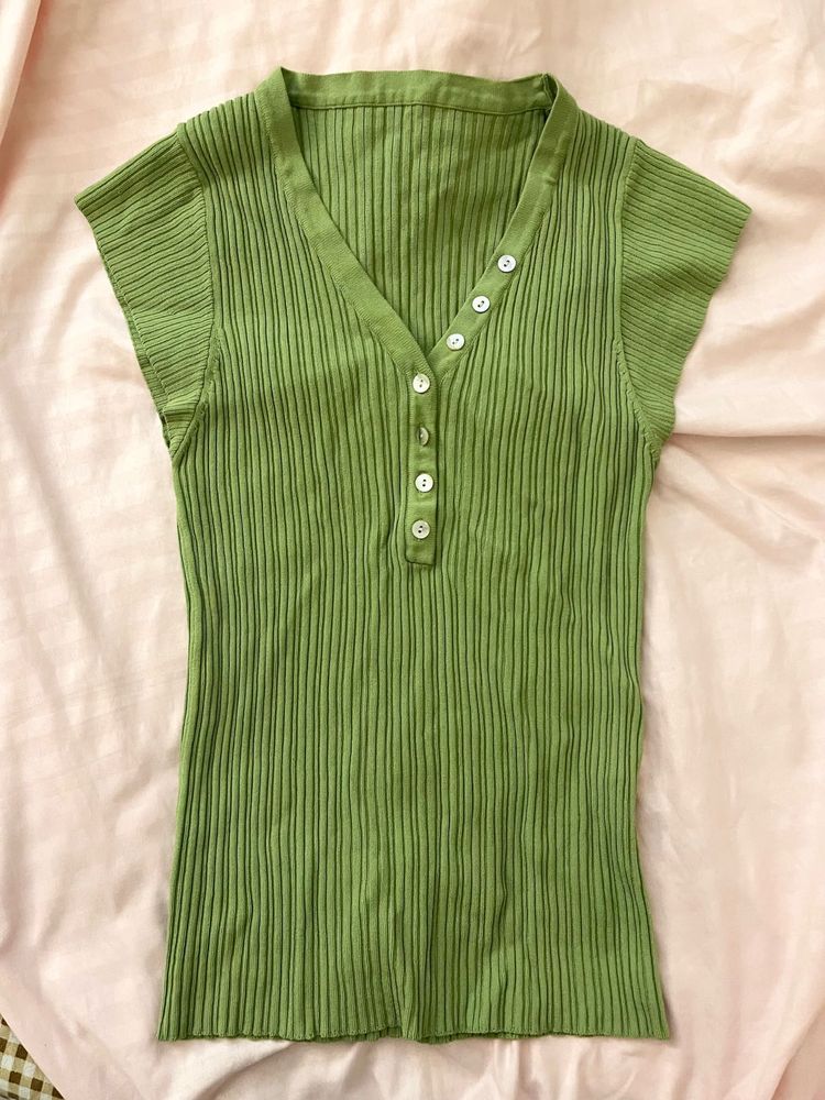 Green Ribbed Henley Top