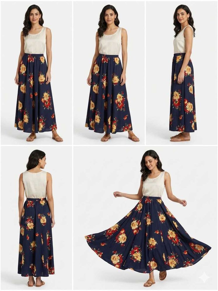 Navy Blue Floral Maxi Skirt