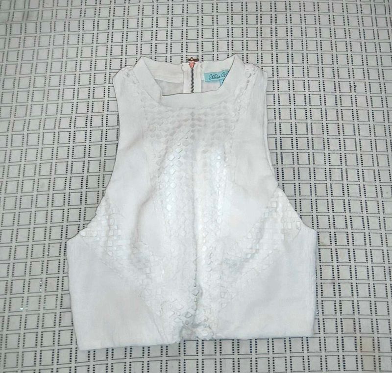 White Textured High Neck Blouse