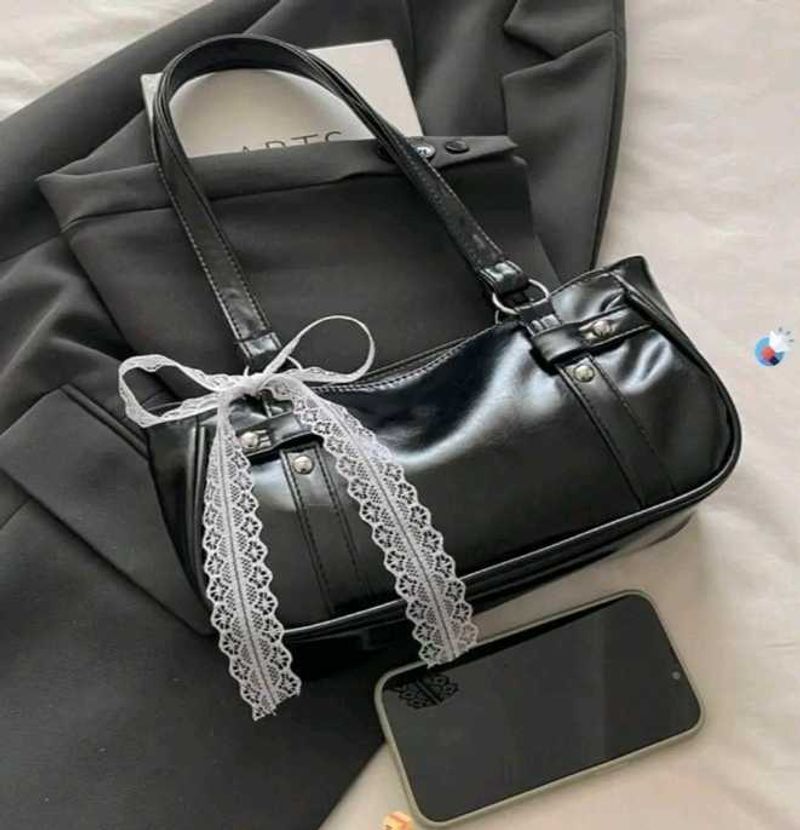 Chic Black Shoulder Bag with Lace Detail