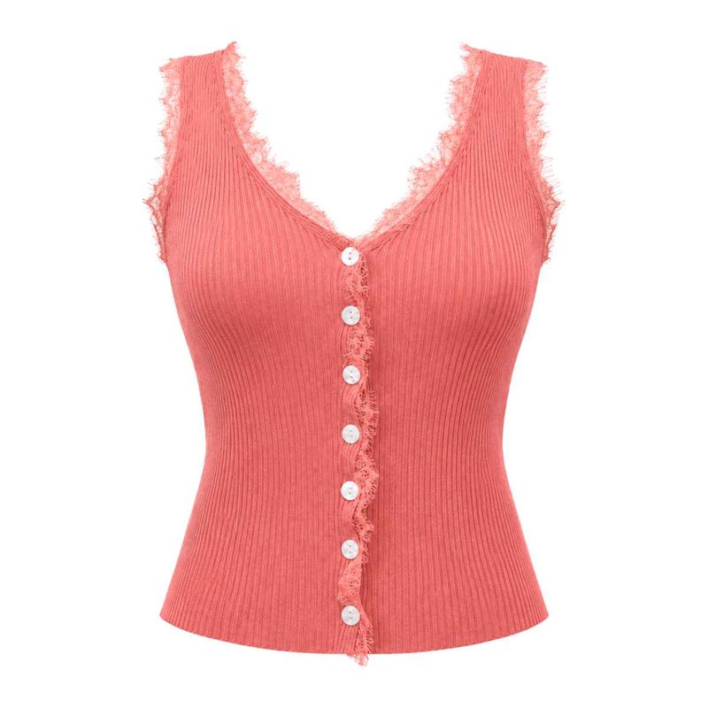 Pink Lace Trim Button-Up Ribbed Top