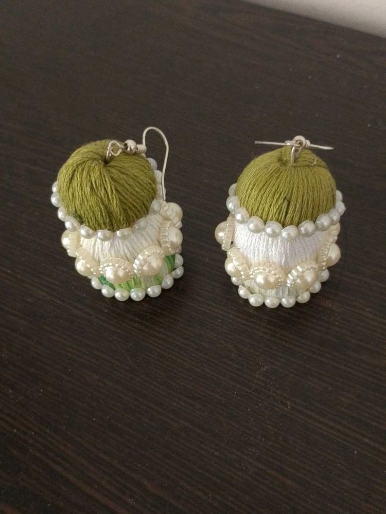 Unique Green &amp; Pearl Dangle Earrings
