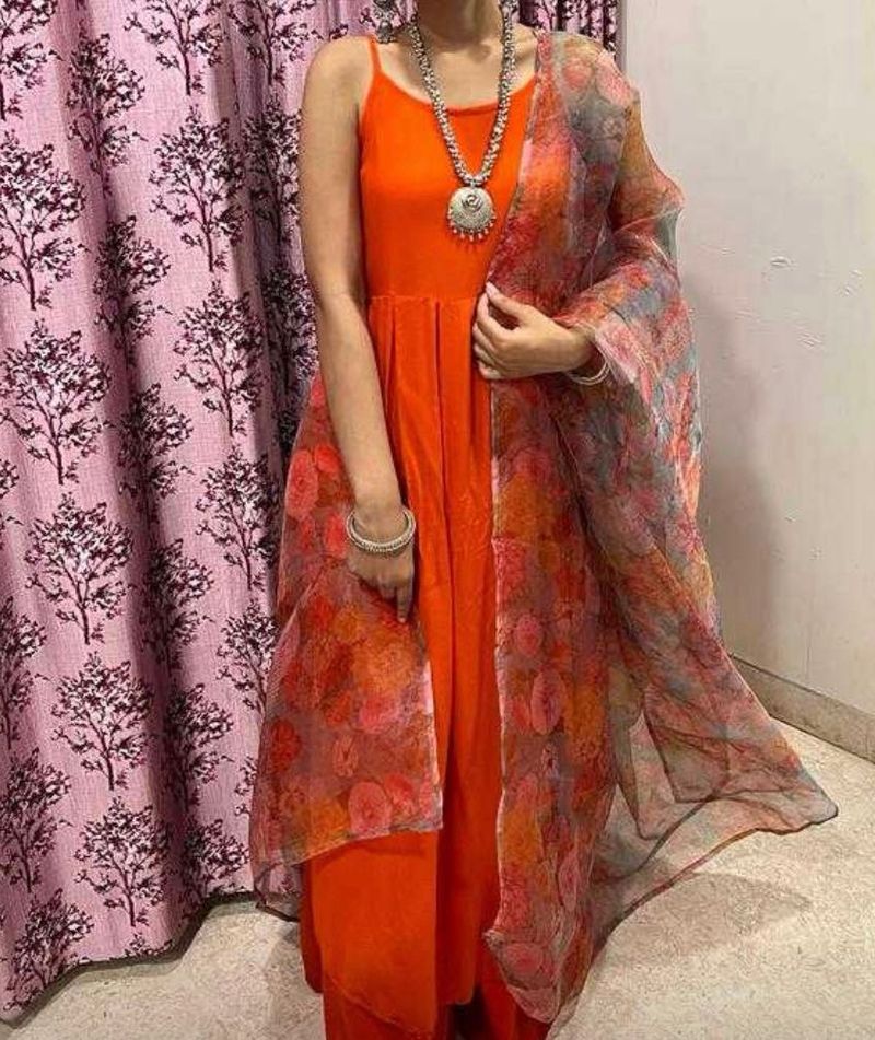 Women Orange Kurta Palazzos &amp; Floral Dupatta
