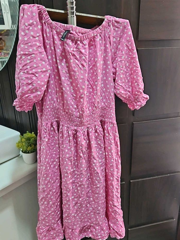 Pink Polka Dot Off-Shoulder Dress
