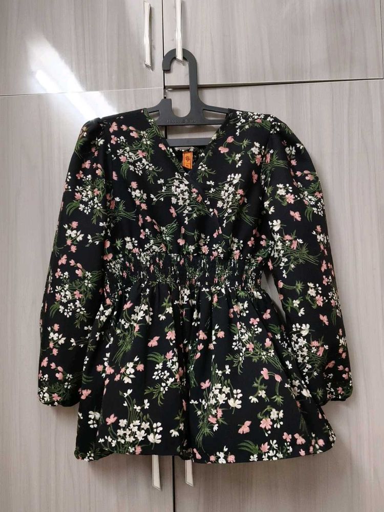 Black Floral Print Peplum Top