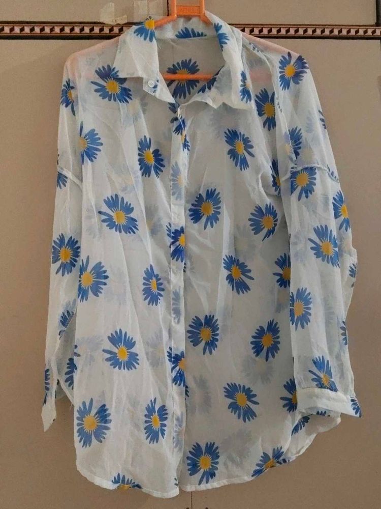 Sheer Daisy Print Button-Up Shirt