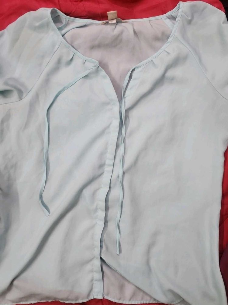 Light Blue Tie-Neck Blouse