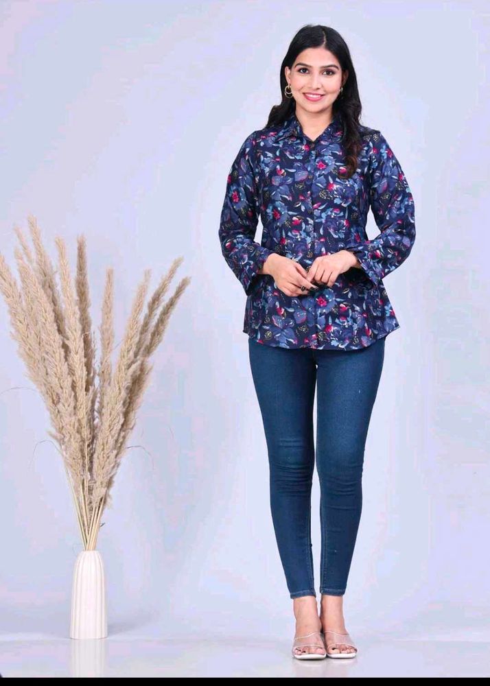 Blue Floral Print Long Sleeve Tunic Top