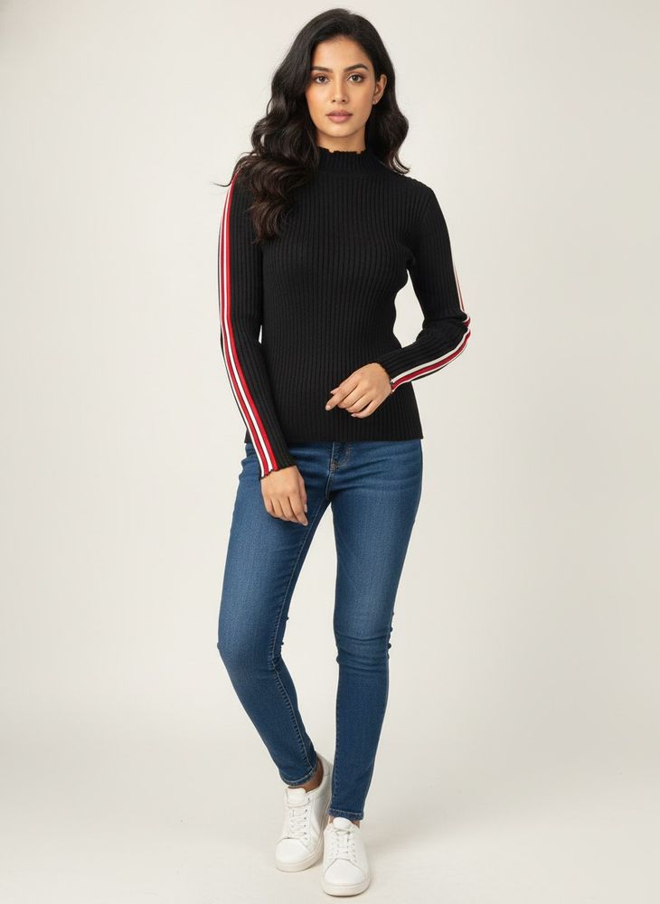 Black Striped Ribbed High Neck Top