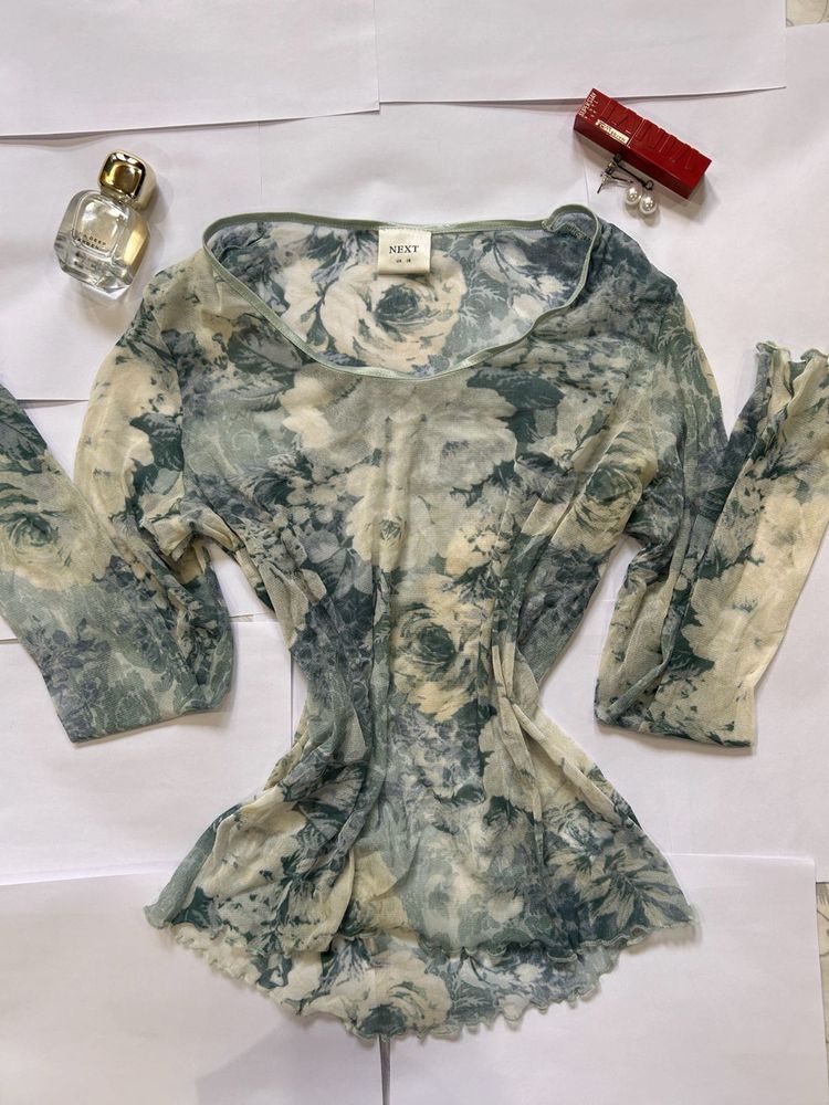 Blue Floral Mesh Top