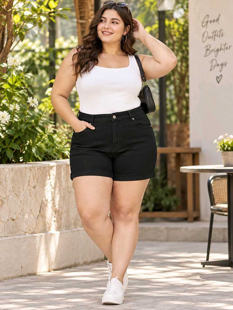 Black Cuffed Denim Shorts