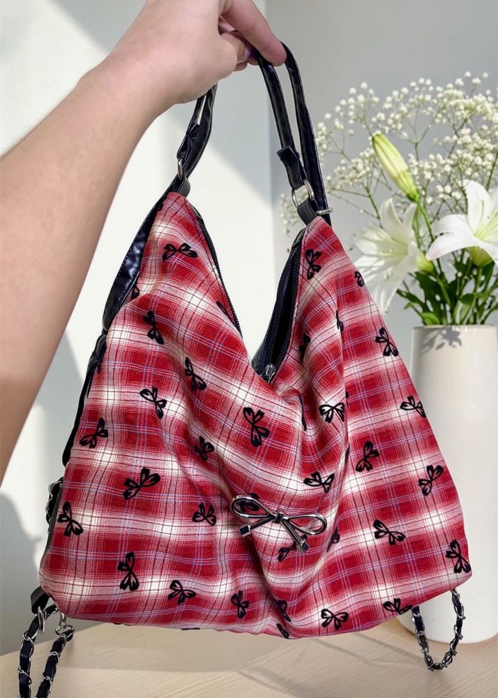 Red Plaid small Bag with Bow Detail