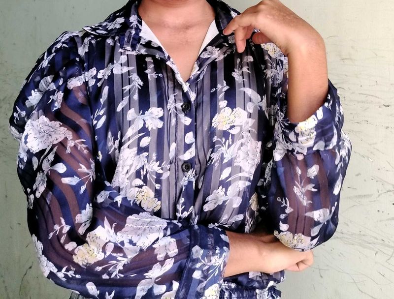 Floral Striped Sheer Blouse