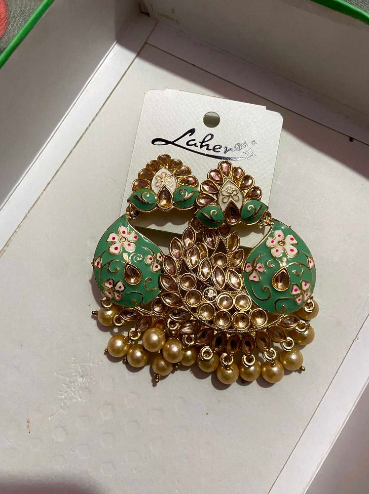 Heavy Beautiful Green Enamel &amp; Pearl Jhumkas