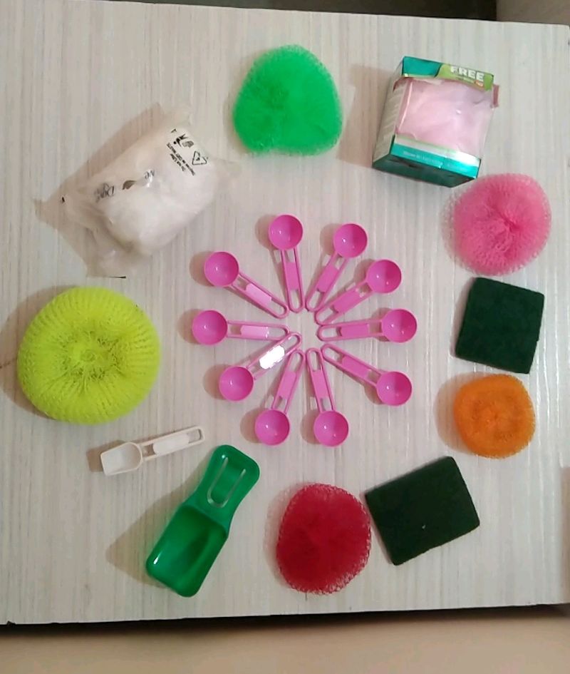Combo Of Scrubbers And Plastic Spoons
