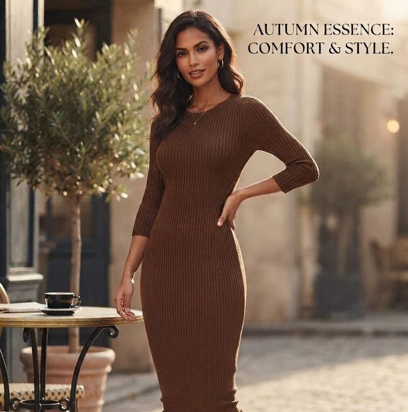Brown Ribbed Midi Dress | Full Sleeve Elegant Dres