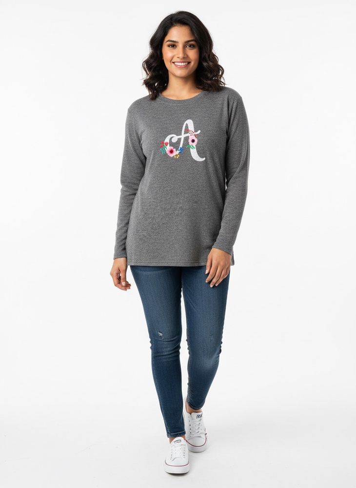 Grey T-Shirt with Floral 'A' Design