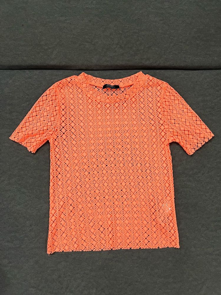 Neon Coral Crochet Short Sleeve Top