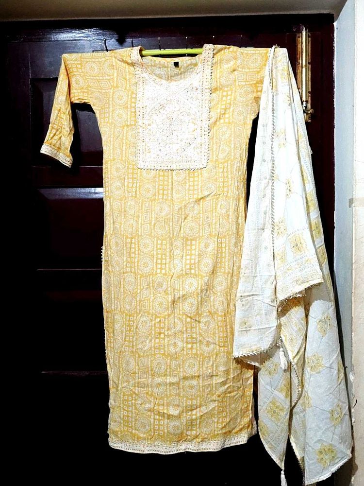 Yellow Printed Kurta with Dupatta