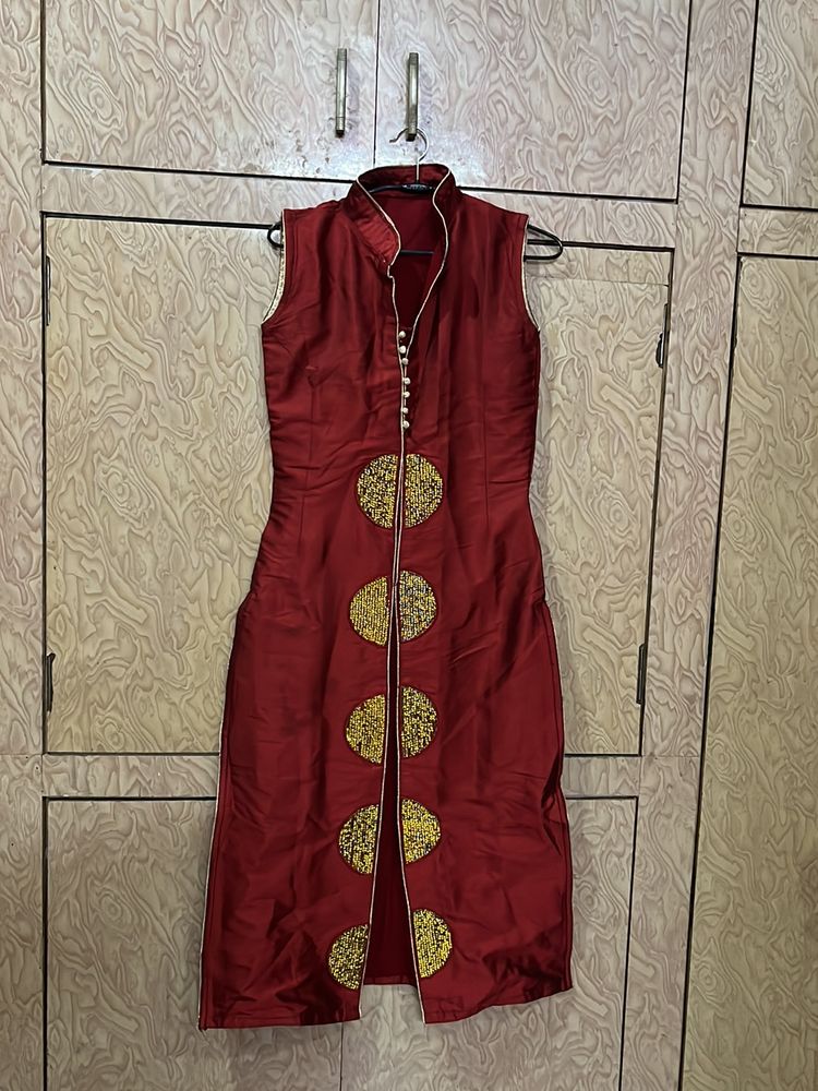 Red Mandarin Collar Dress with Gold Details