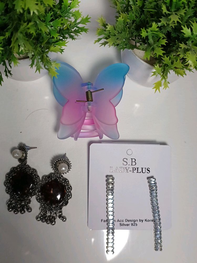 Combo Of Earrings And Butterfly Clutcher (3)