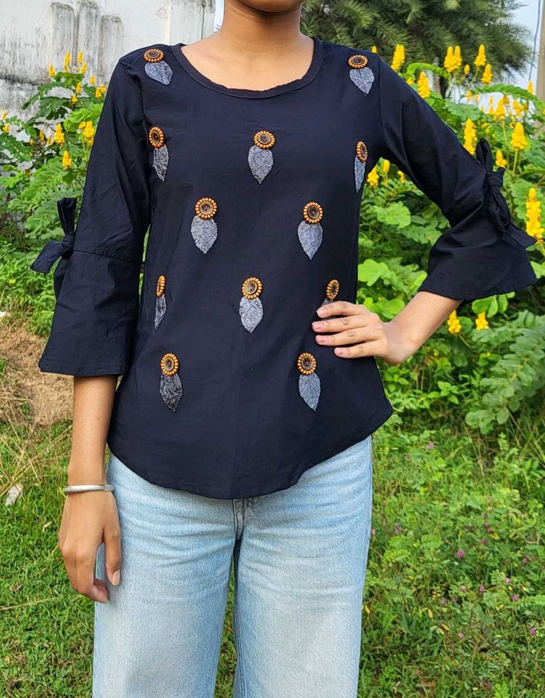 Navy Blue Embroidered Sleeve Tie Top