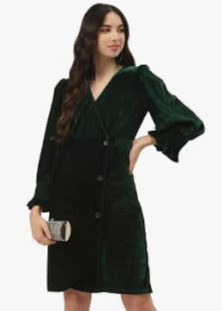 Green Velvet Button-Up Dress