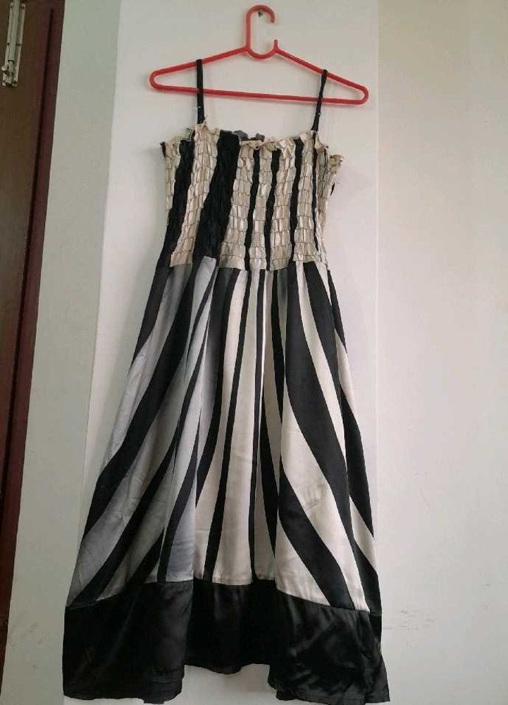 Satin Dress Black &amp; White Strips Women's Partywear