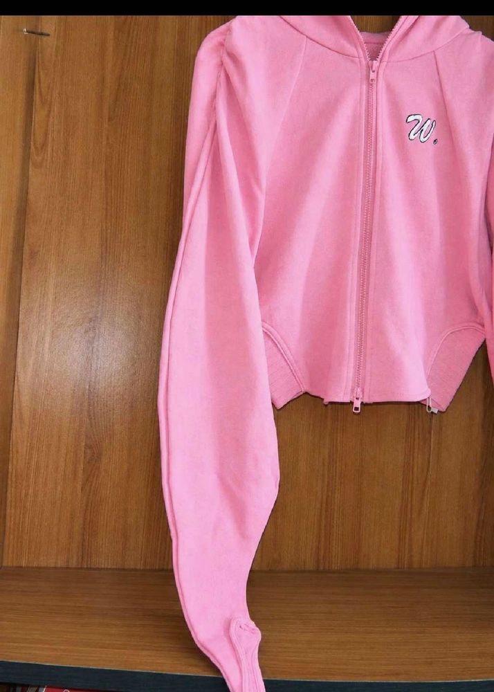 Pink Cropped Zip-Up Hoodie