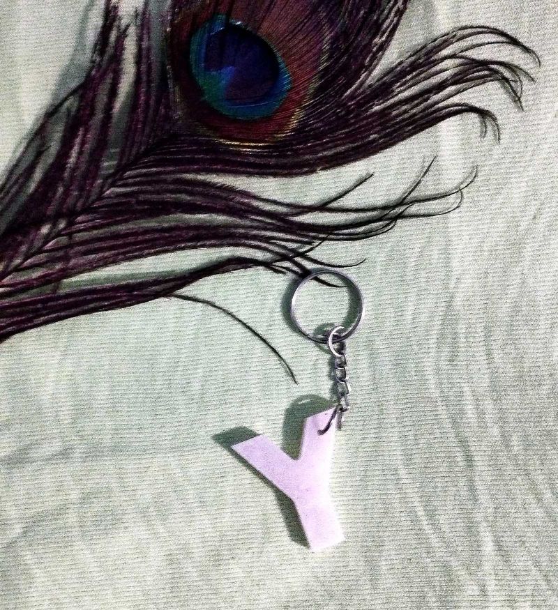 Letter Y Keychain with Peacock Feather
