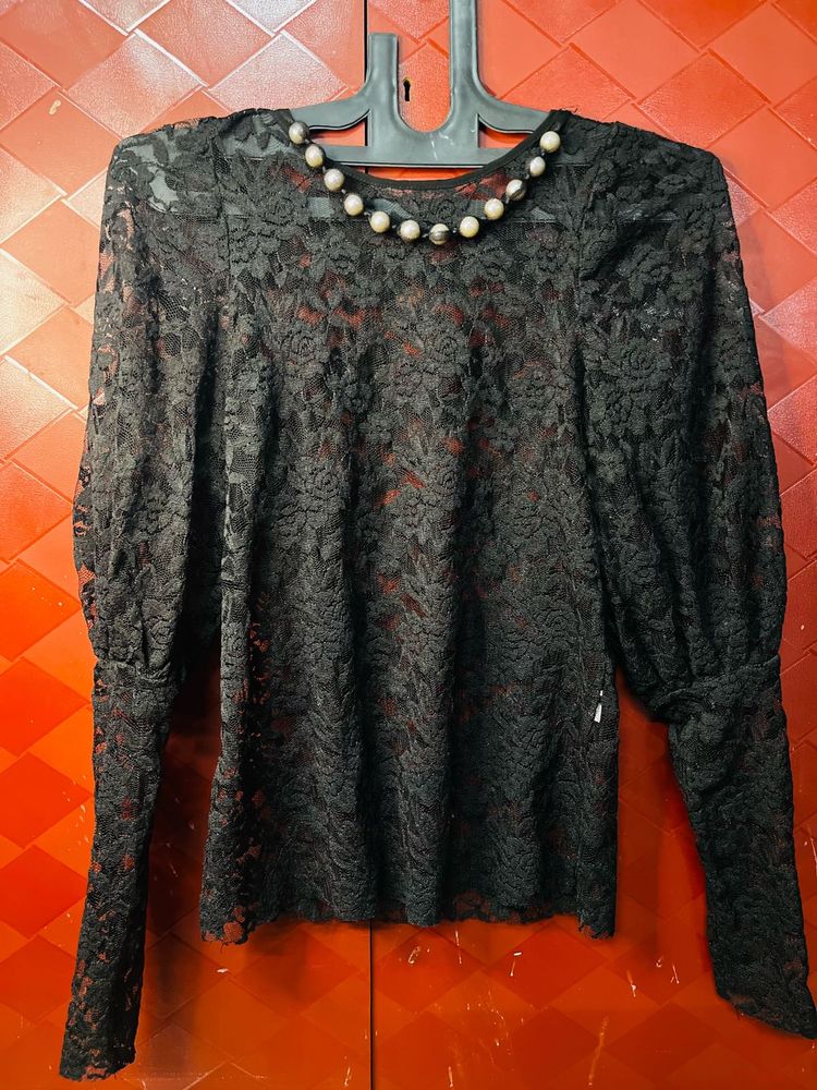 Elegant Black Lace Top with Pearl Neckline
