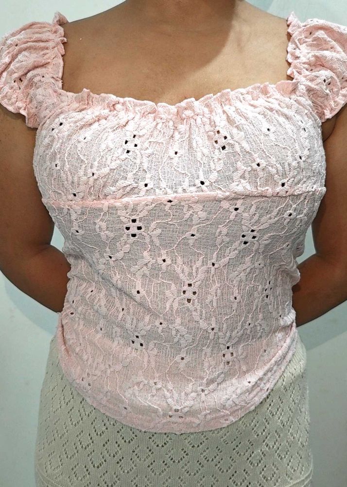 Chic Pink Eyelet Ruched Crop Top