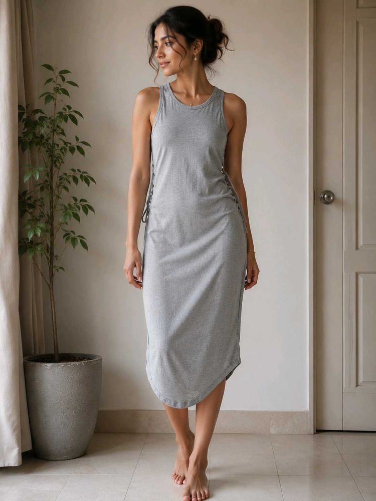 Grey Sleeveless Midi Dress with Lace-up Detail