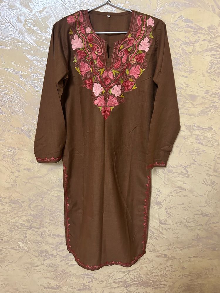 Kashmiri Embroidered Brown Kurta