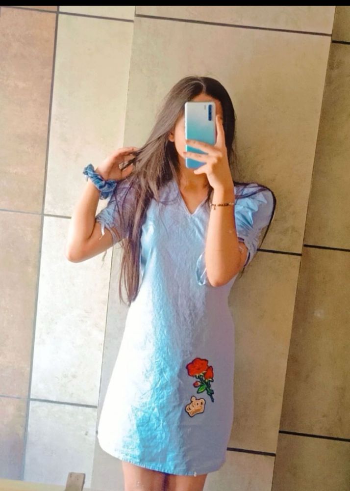Cute Light Blue Dress with Rose Patch